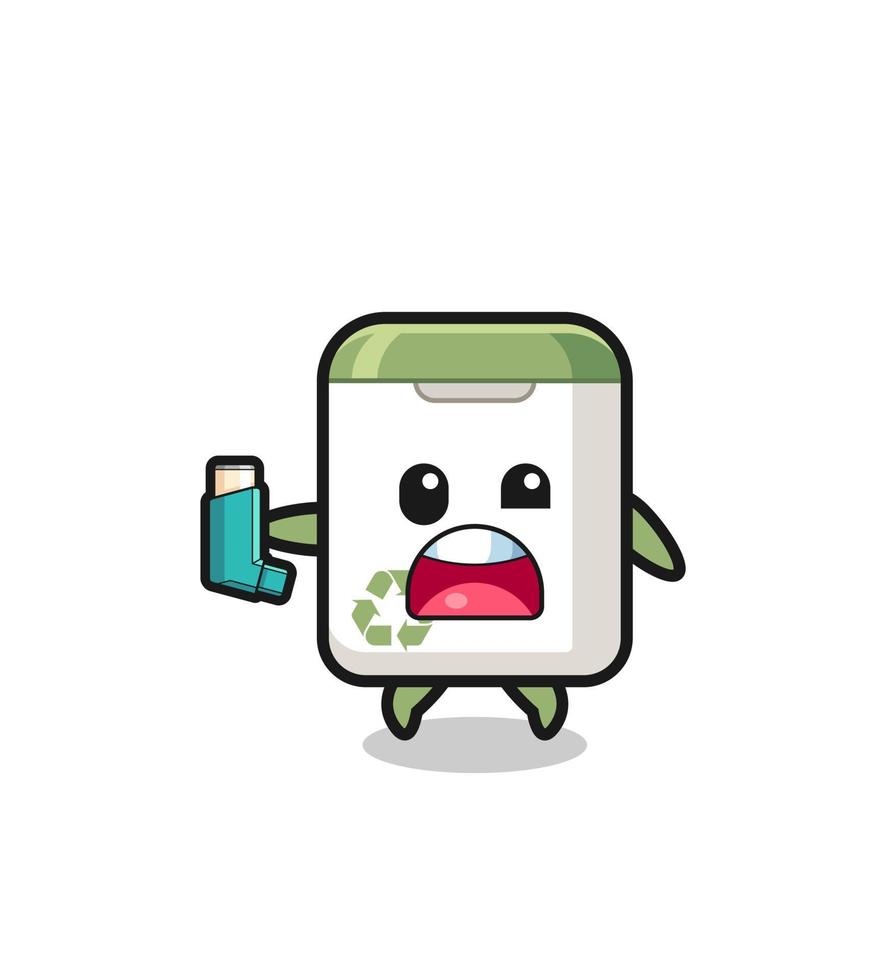 trash can mascot having asthma while holding the inhaler vector