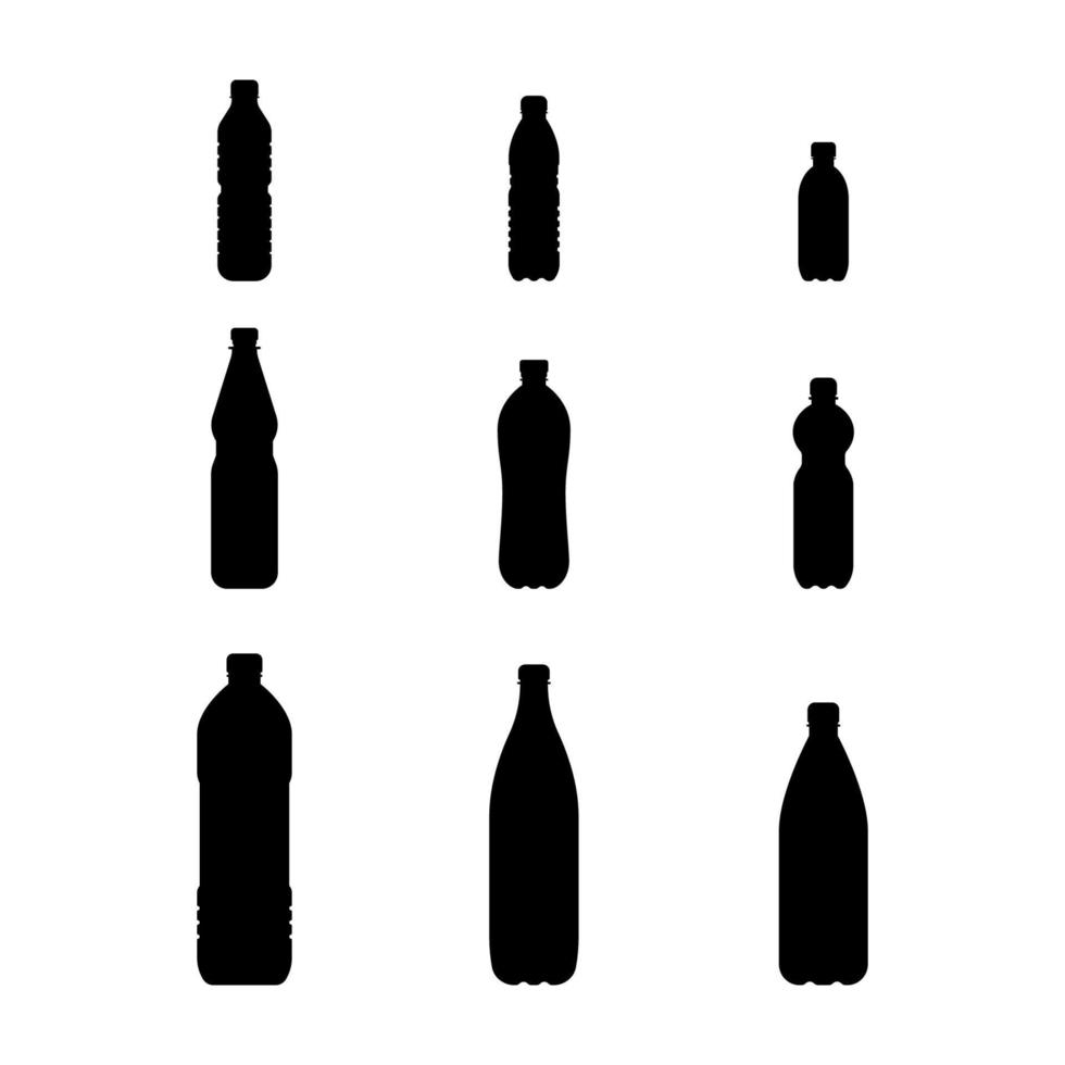botella de plástico vectorial aislada sobre fondo blanco. conjunto de siluetas de botellas de plástico. vector