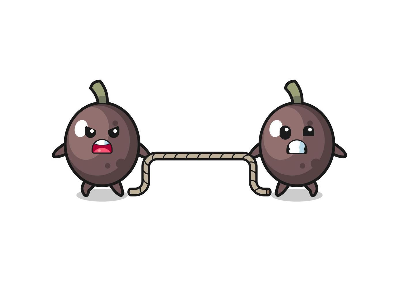 cute black olive character is playing tug of war game vector