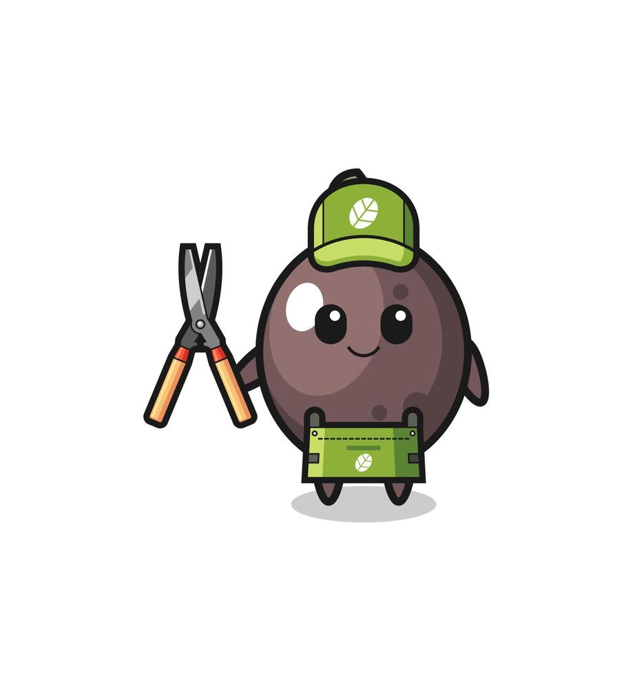 cute black olive as gardener mascot vector