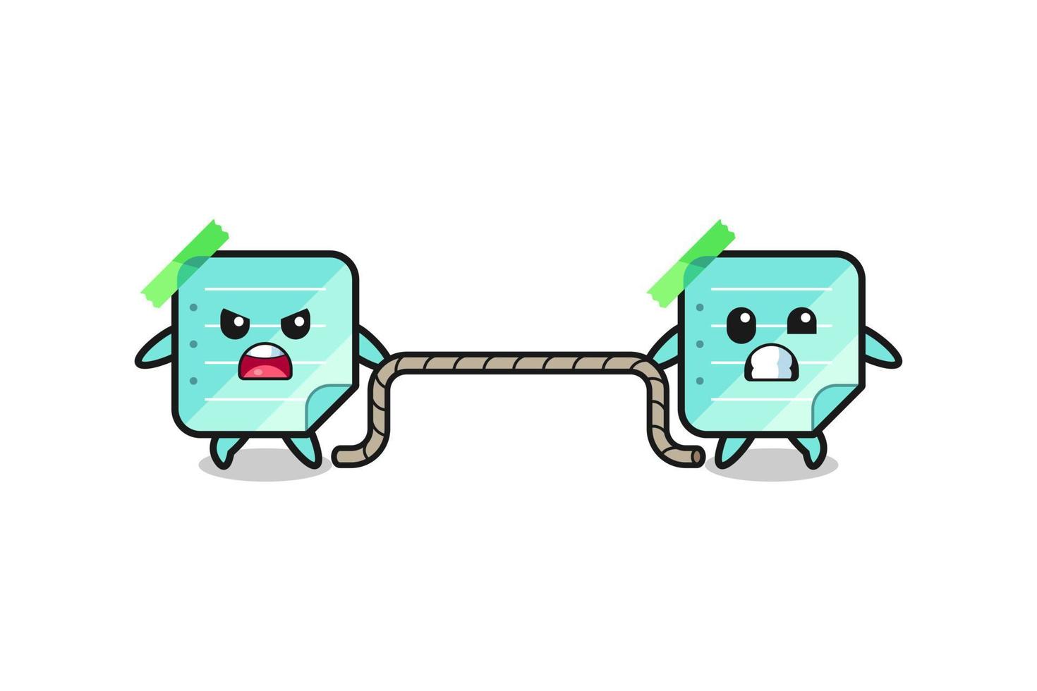 cute blue sticky notes character is playing tug of war game vector