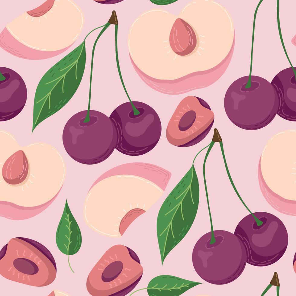 Fruit seamless pattern for textile products, peach and cherry pieces, bone and leaves in a flat style vector