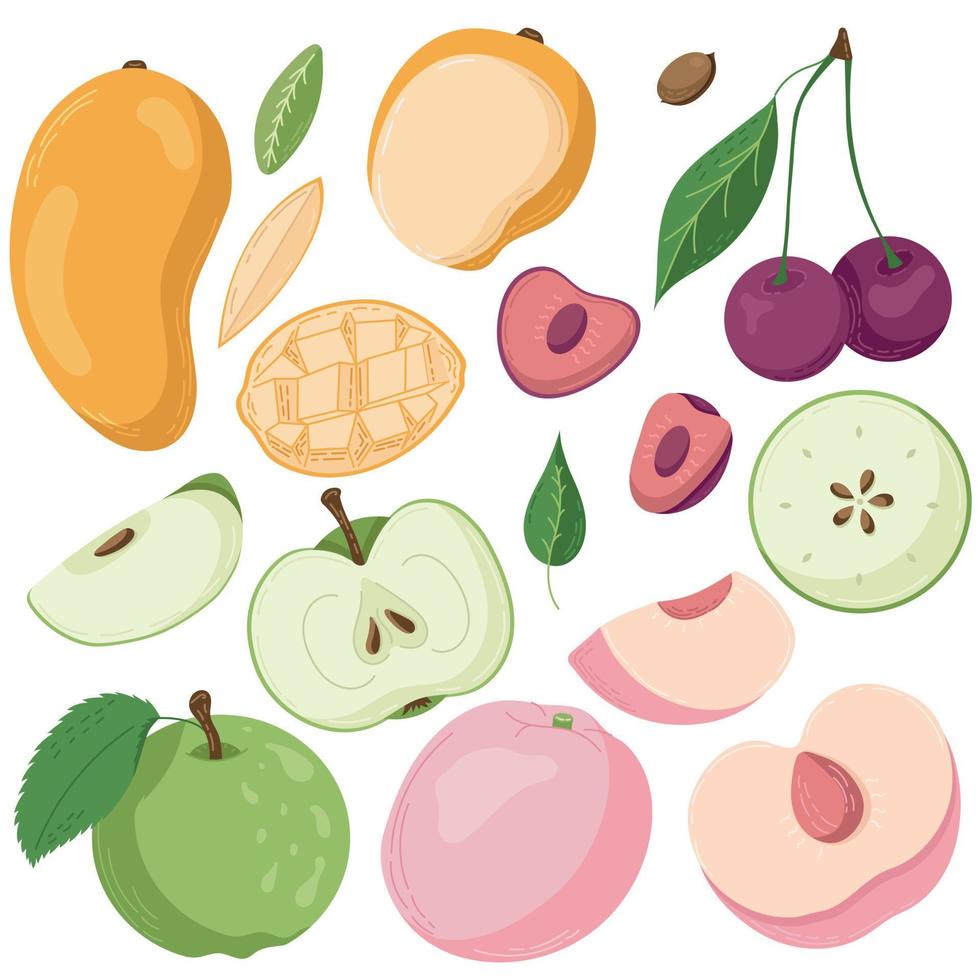 un conjunto de frutas dibujadas en un estilo plano, rodajas y mitades de frutas, hojas y huesos. un juego de pegatinas en colores pastel vector