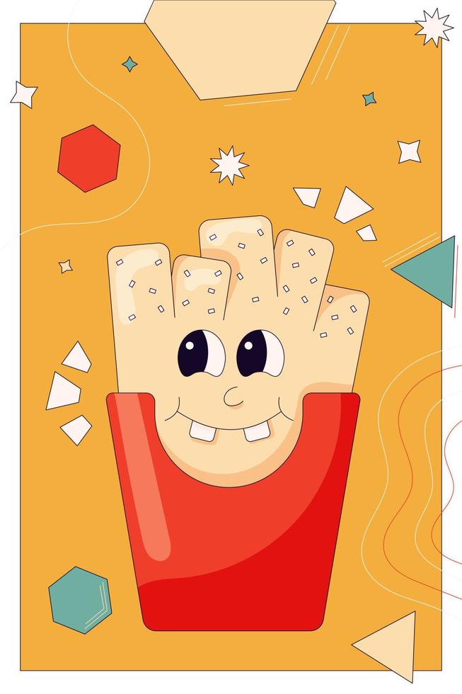 Comic french fries in trendy retro cartoon style Funny french fries character on abstract background vector