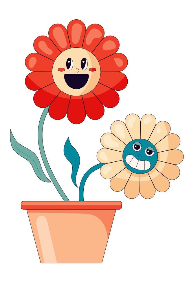 Comic flower in trendy retro cartoon style. Funny cartoon flower in a pot character. Vector illustration of flowers. Sticker pack, posters, prints.