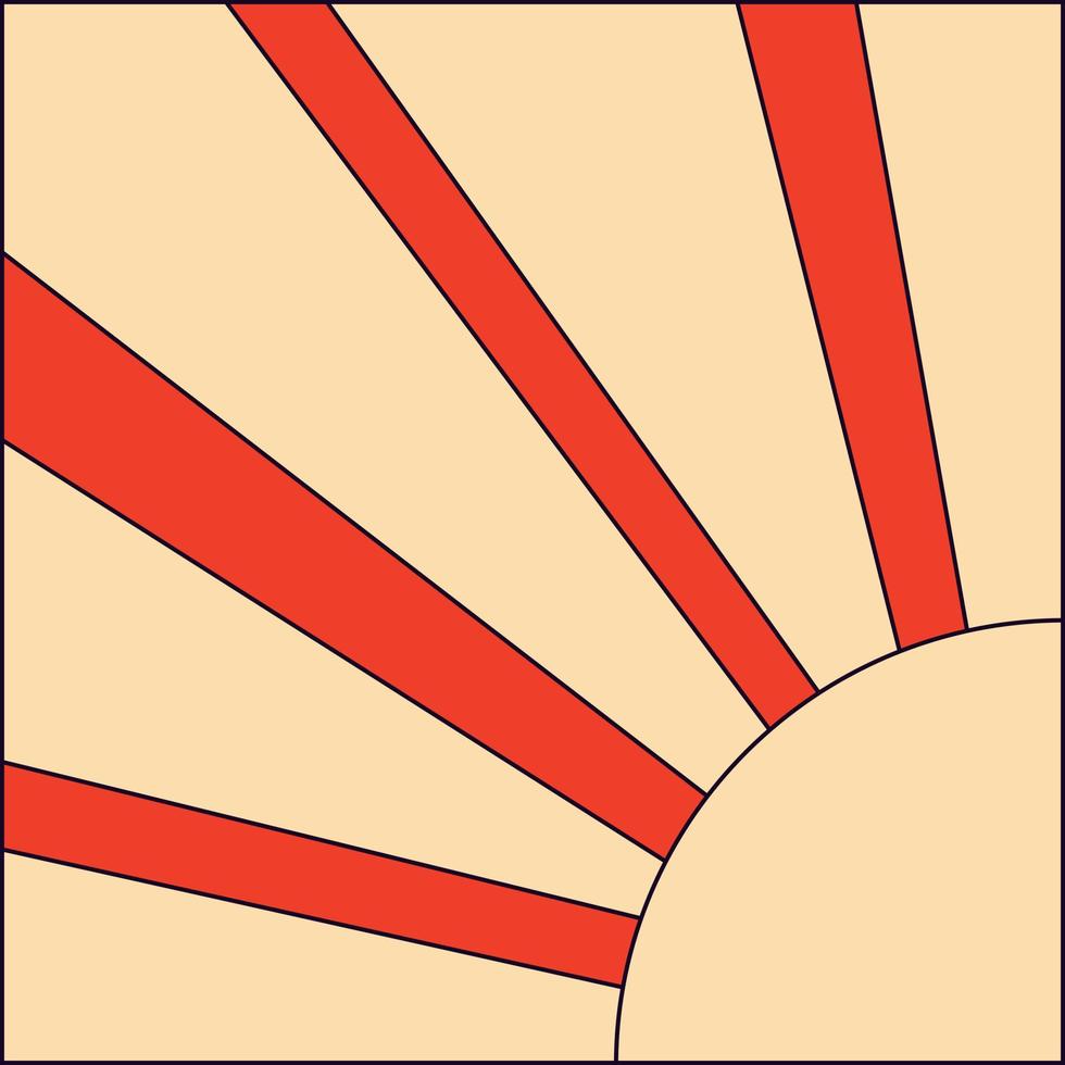A square poster with the sun and sun rays on a red background in the style of cartoon comics in the trending style of the 70s. vector