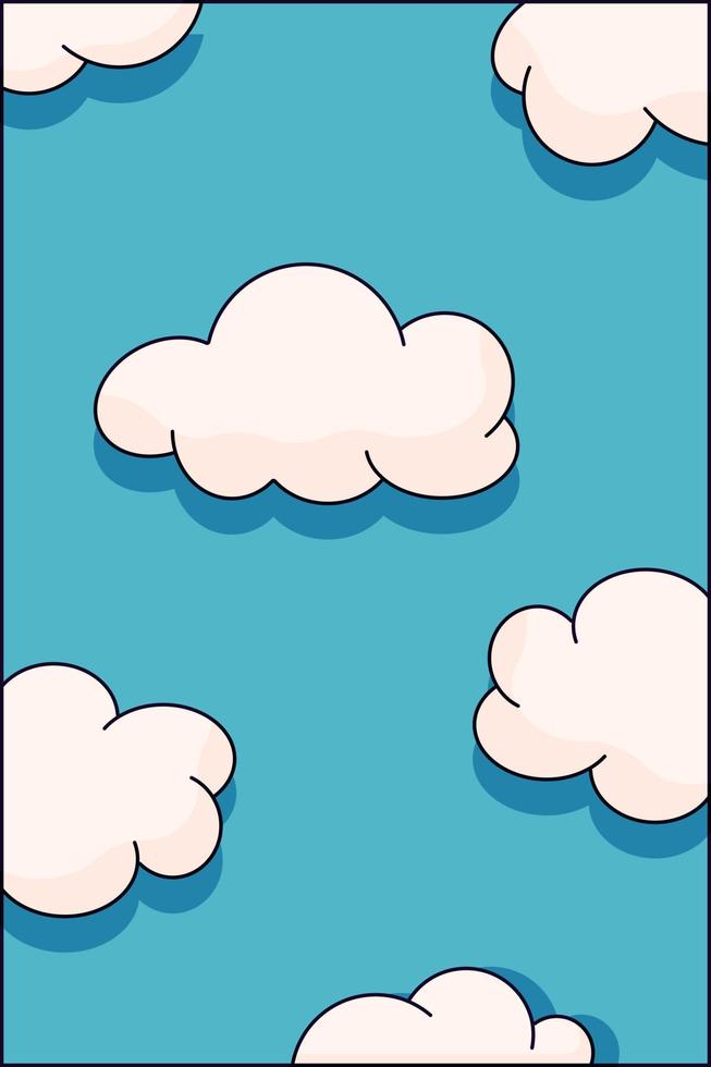 A poster with clouds and shadows from them in the cartoon trend style of the 70s. vector