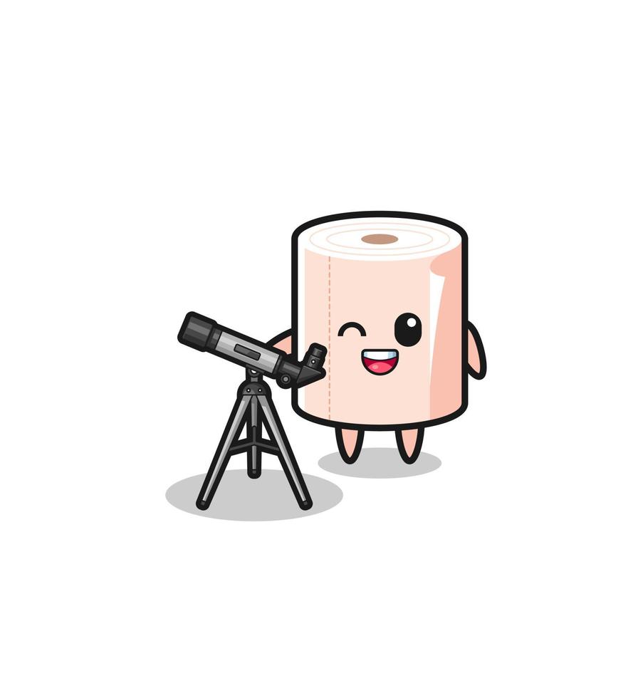 tissue roll astronomer mascot with a modern telescope vector