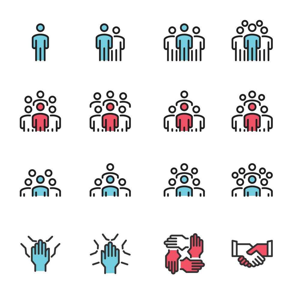 conjunto de colección de iconos de personas grupo de trabajo línea de equipo vector de color, reunión, trabajo en equipo, hombre de negocios