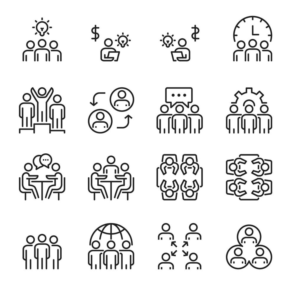 conjunto de líneas vectoriales de iconos de personas, negocios, trabajo en equipo, grupo, persona, reunión vector