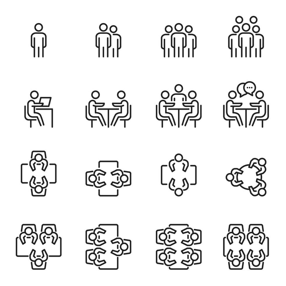 iconos de personas de negocios conjunto de línea vectorial, reunión, estructura de equipo, grupo, oficina, persona vector