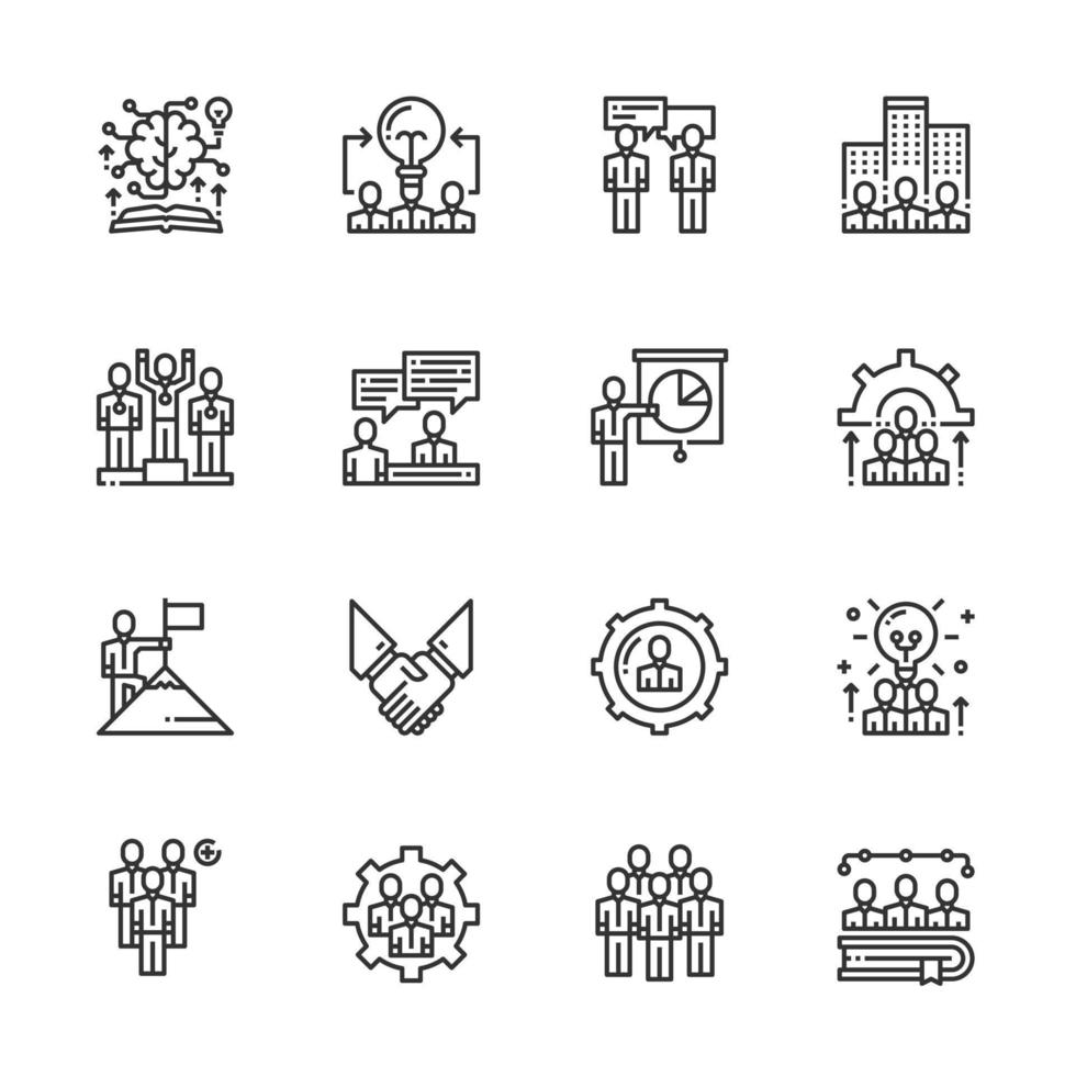 iconos de trabajo en equipo vector de línea, éxito, apretón de manos, gestión, conocimiento