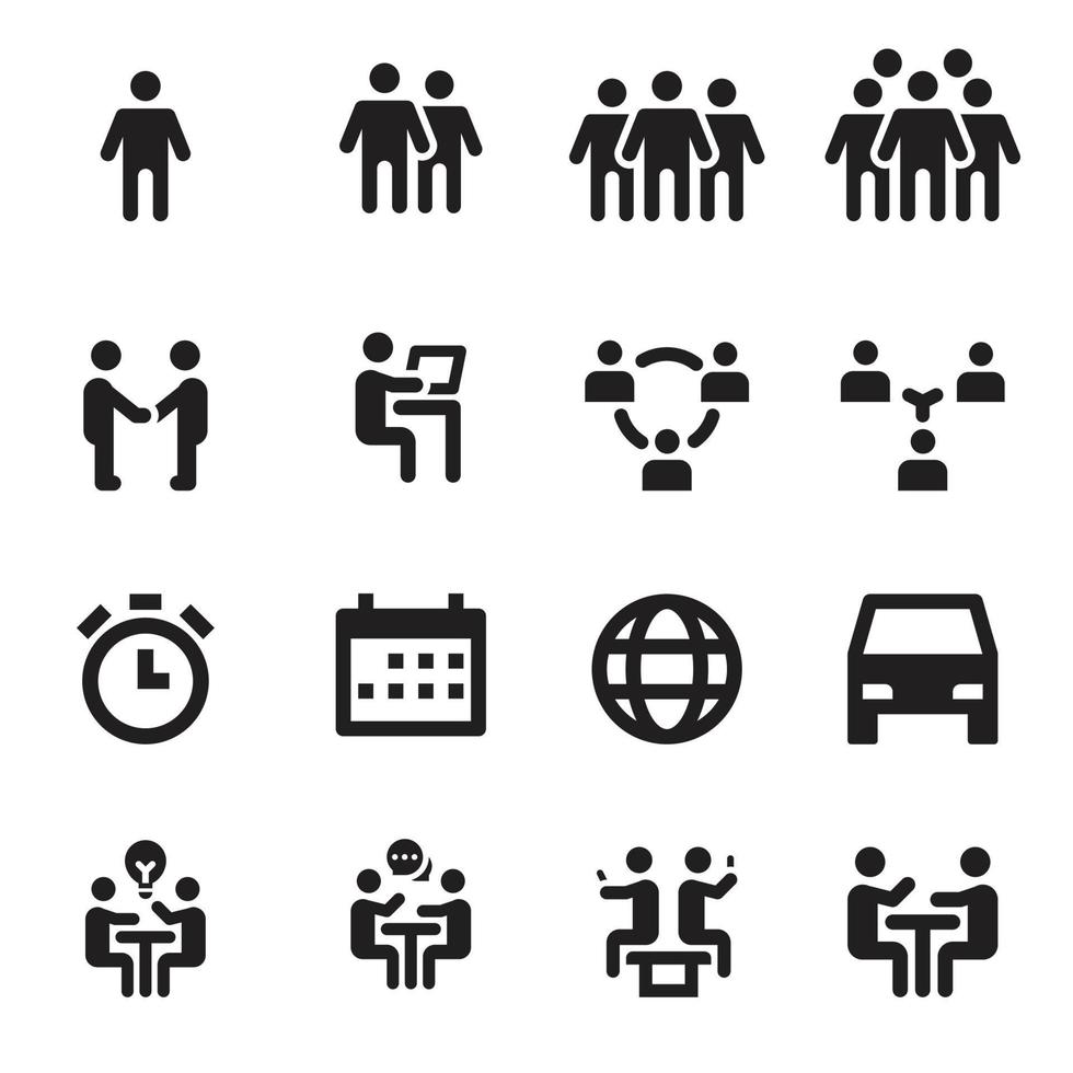 conjunto de colección de iconos de reunión ilustración vectorial, trabajo en equipo, lugar de trabajo de negocios, personas, charla vector