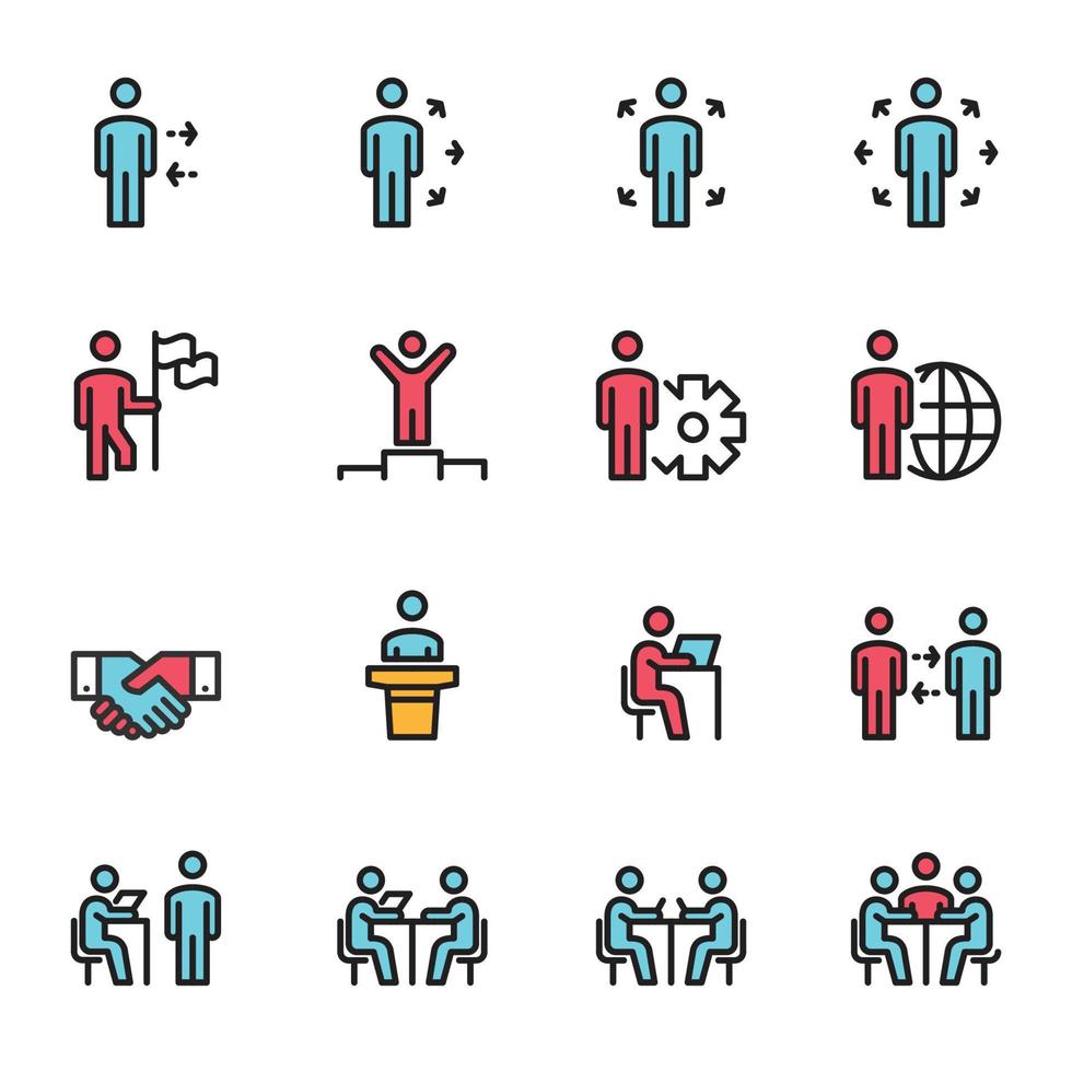 conjunto de colección de iconos de personas línea trabajo grupo equipo vector, reunión, trabajo en equipo, hombre de negocios vector