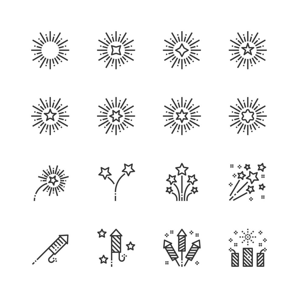conjunto simple de iconos de línea de fuegos artificiales ilustración vectorial, celebración, vacaciones, fiesta vector