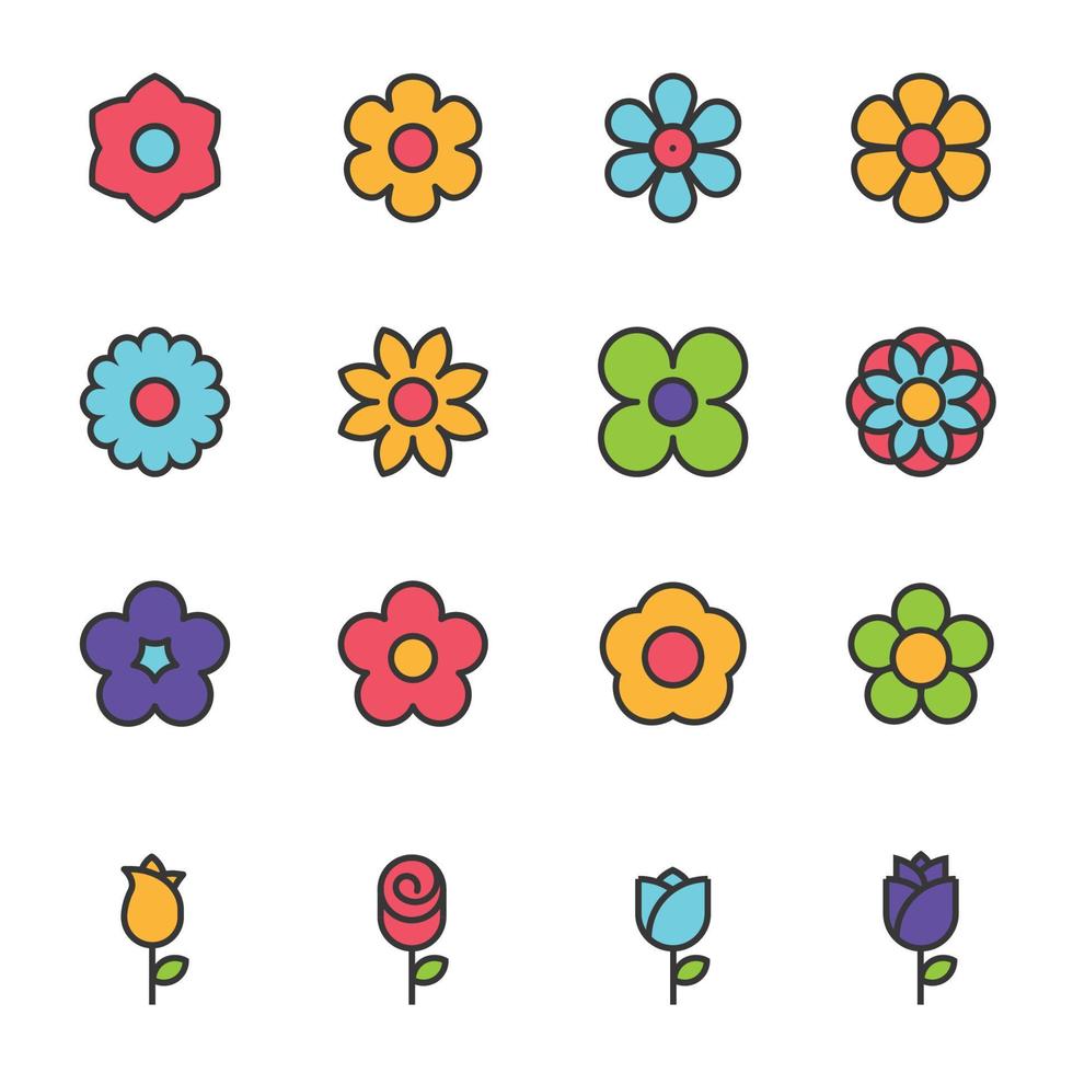 iconos de flores, diseño simple conjunto para usar en el sitio web infografía logotipo informe línea de color contorno lleno ilustración vectorial vector