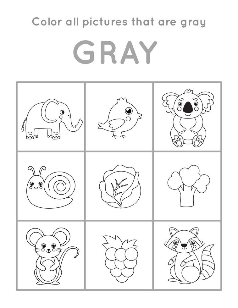 colorea todos los objetos grises. aprender colores básicos para niños. vector
