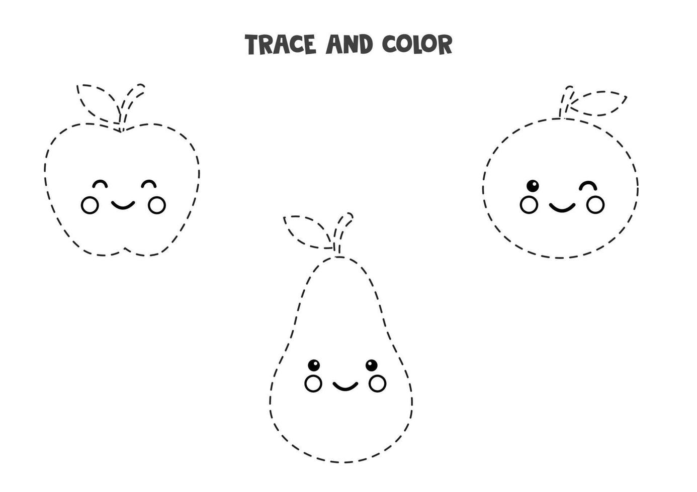 Trace and color cute fruits. Worksheet for girls. vector