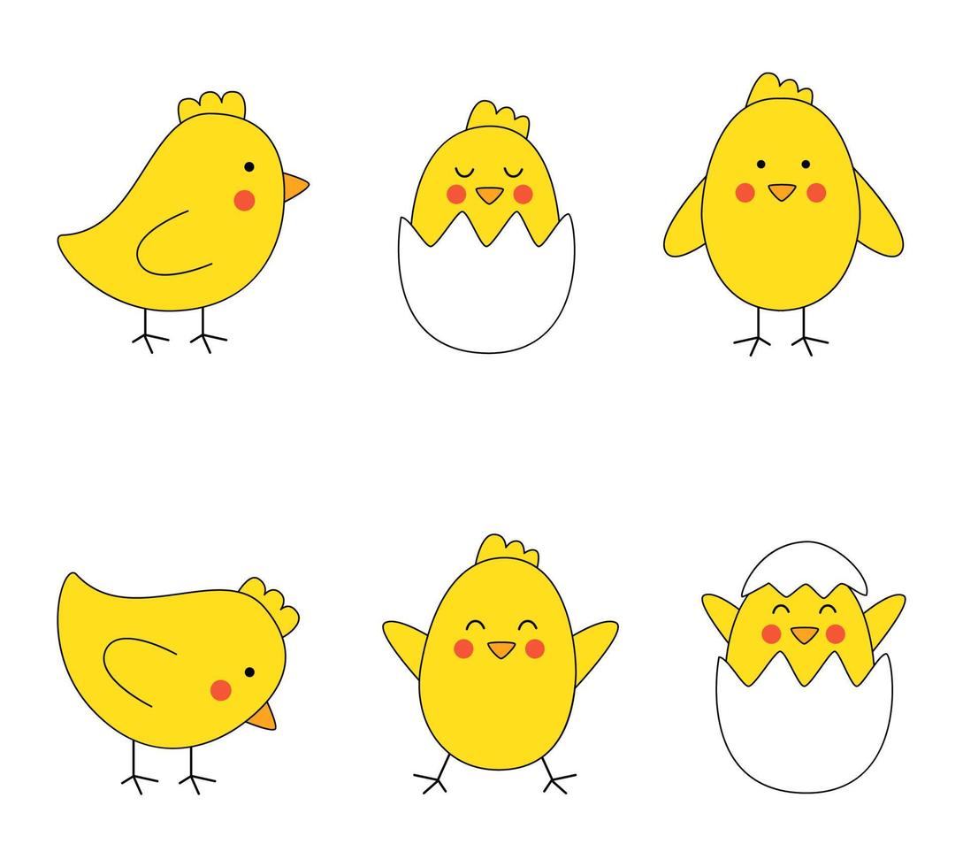 Set of cute Easter chickens in cartoon style. vector