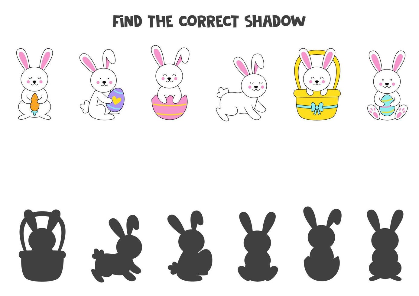 Find the correct shadows of cute Easter bunnies. Logical puzzle for kids. vector