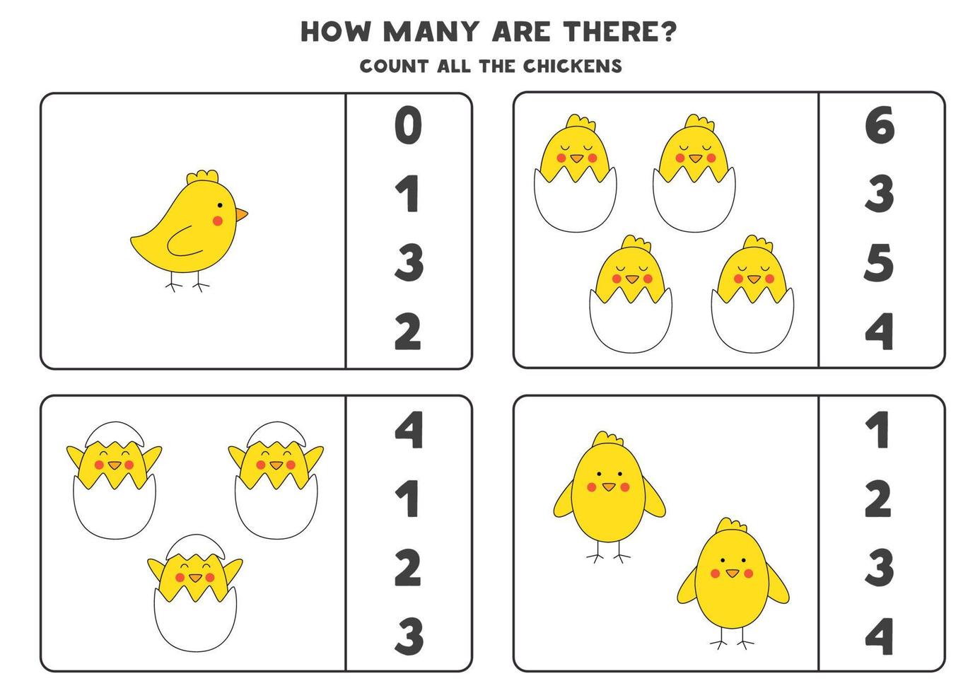 Counting game with Easter chickens. Educational worksheet. vector