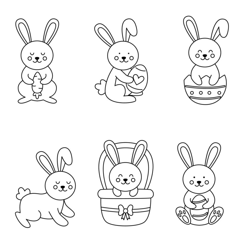 Set of cute black and white Easter rabbits in cartoon style. vector