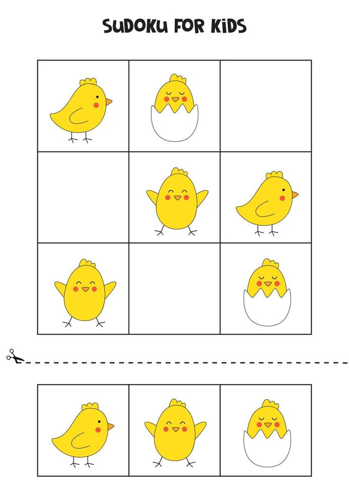 Sudoku game with cartoon Easter chickens for kids. vector