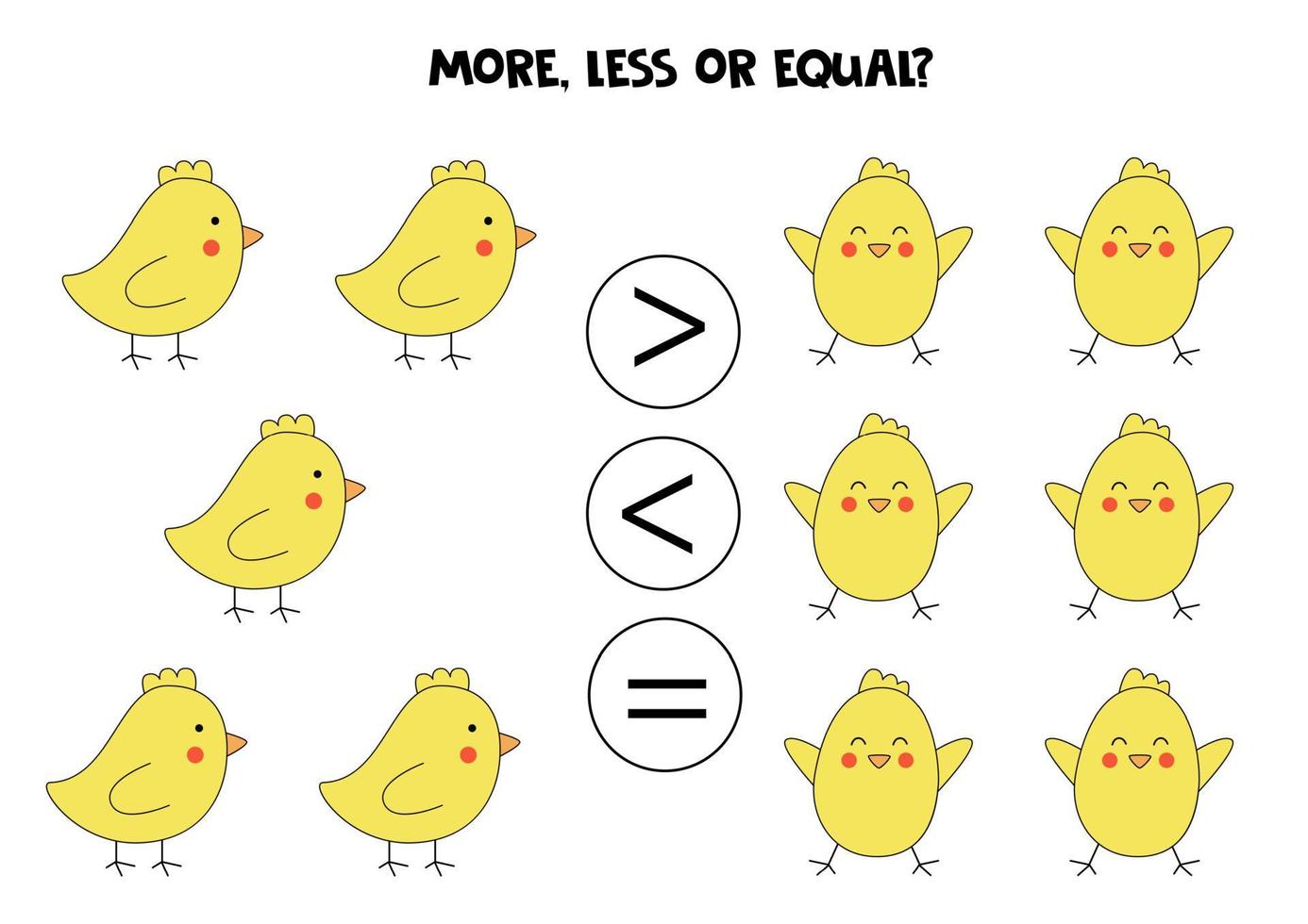 More, less, equal with cute Easter birds. vector