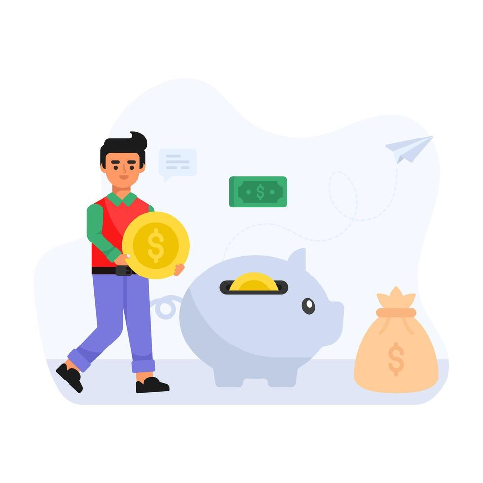 Person holding money and piggy bank, flat illustration of savings vector