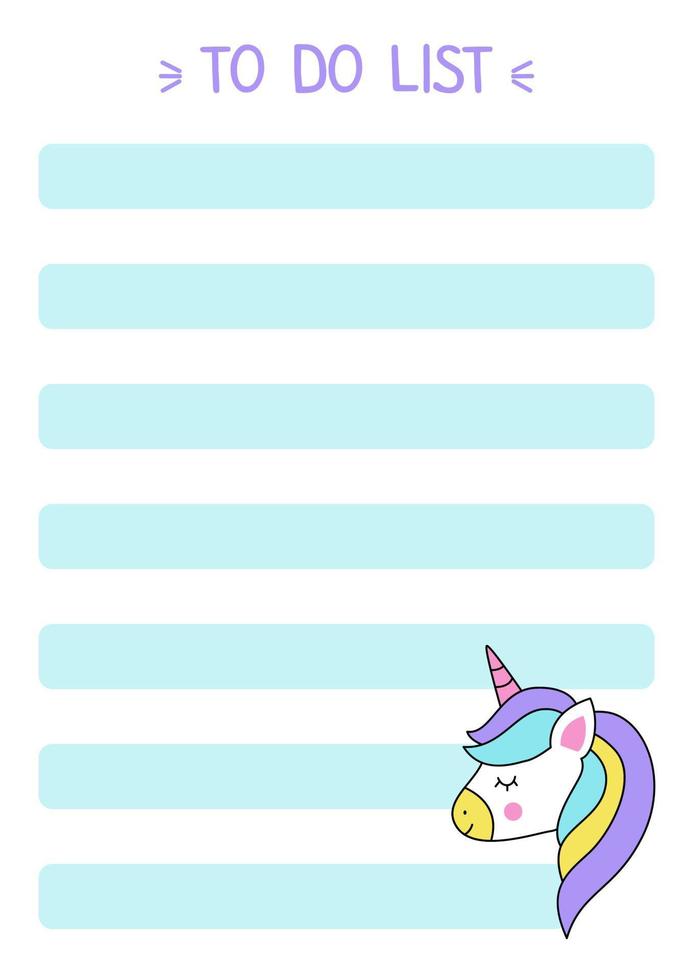 To do list for girls with cute kawaii unicorn. vector
