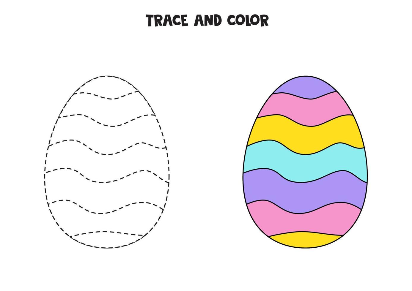 Trace and color cute colorful Easter egg. Worksheet for girls. vector