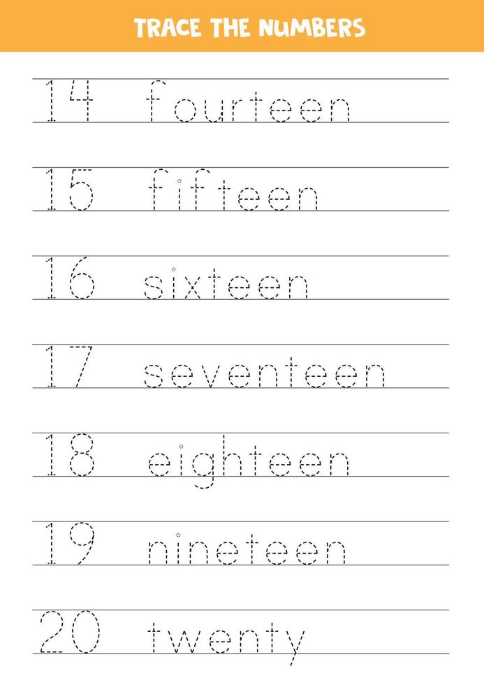Tracing numbers in words. Worksheet for children. vector