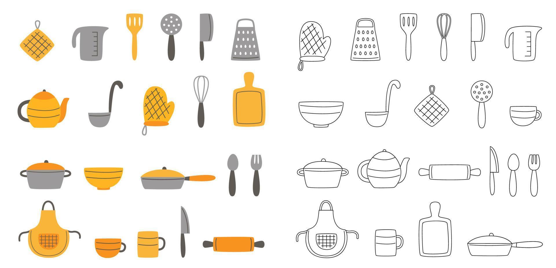 Set of black and white and colorful kitchen utensils. Vector illustrations.