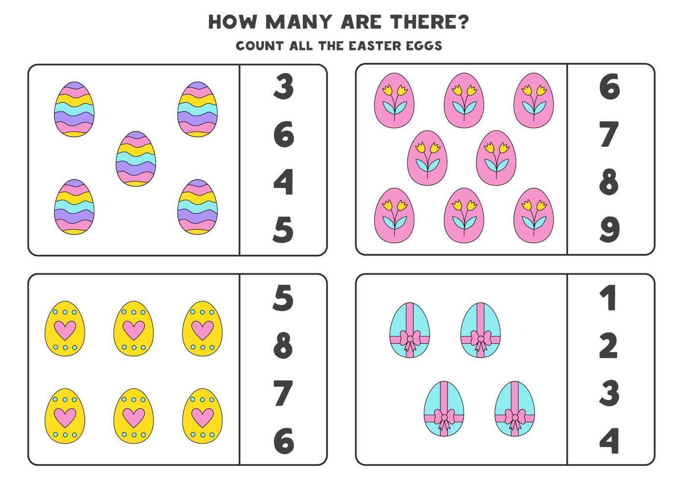 Counting game with Easter eggs. Educational worksheet. vector