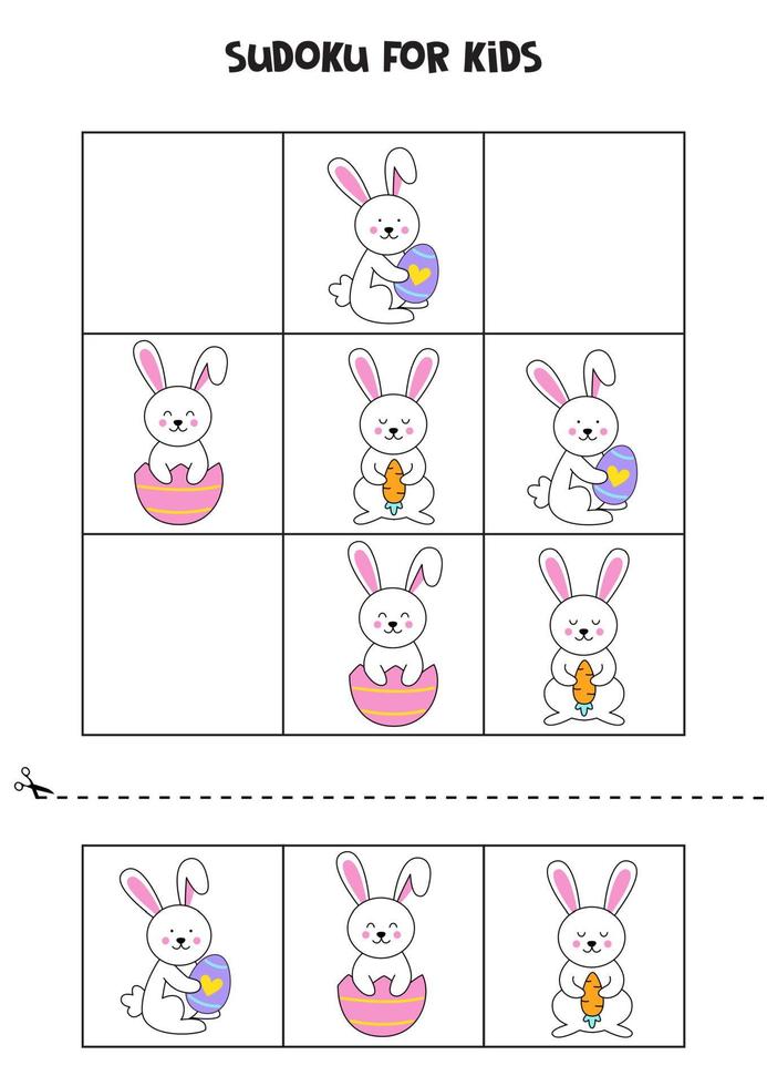 Sudoku game with cartoon Easter bunnies for kids. vector