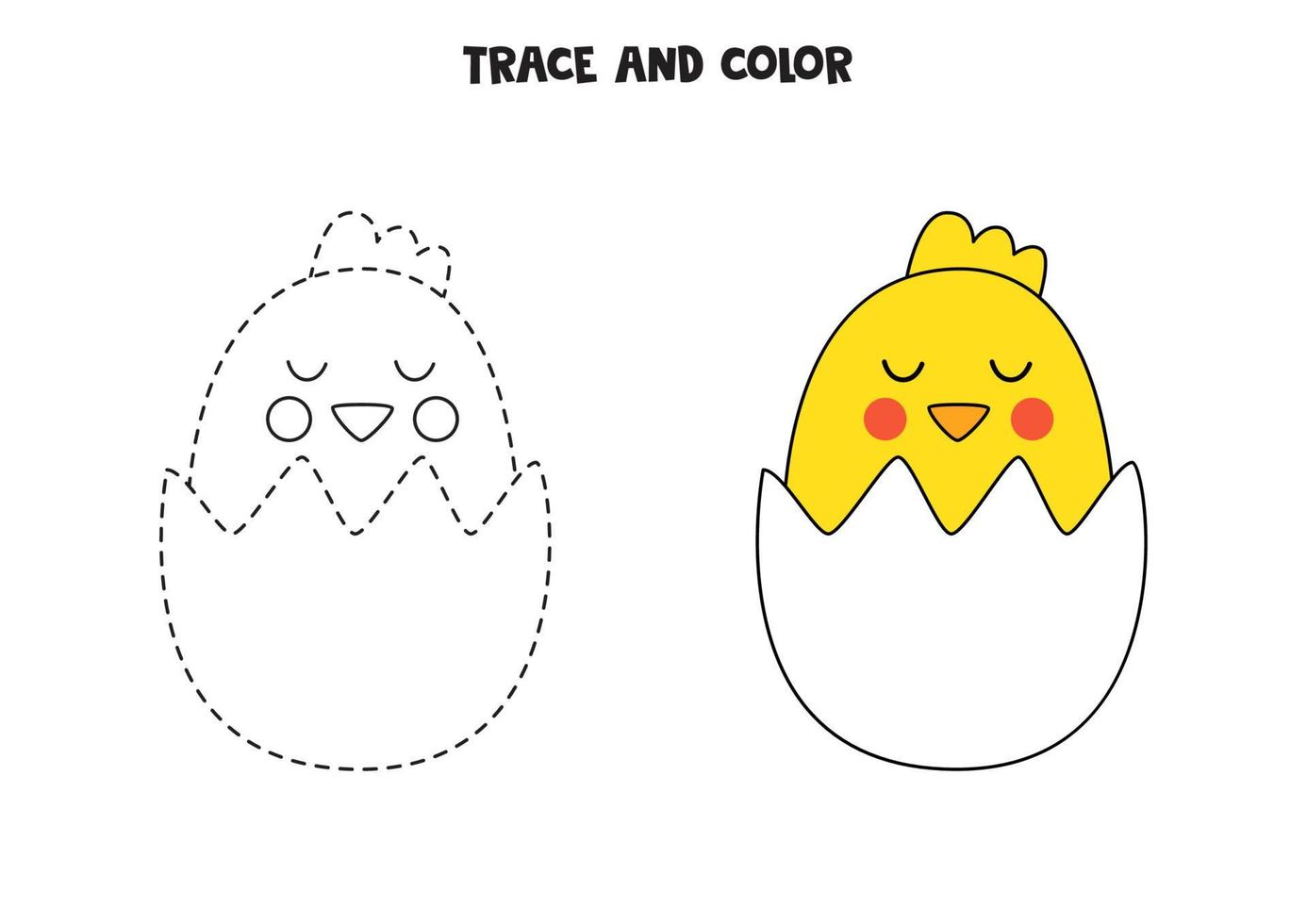 Trace and color cute Easter chicken. Worksheet for children. vector
