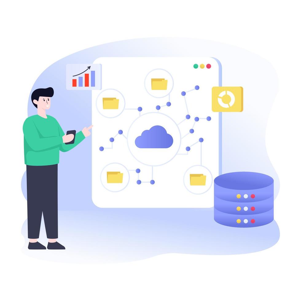 A trendy flat illustration of big data, storage analysis vector