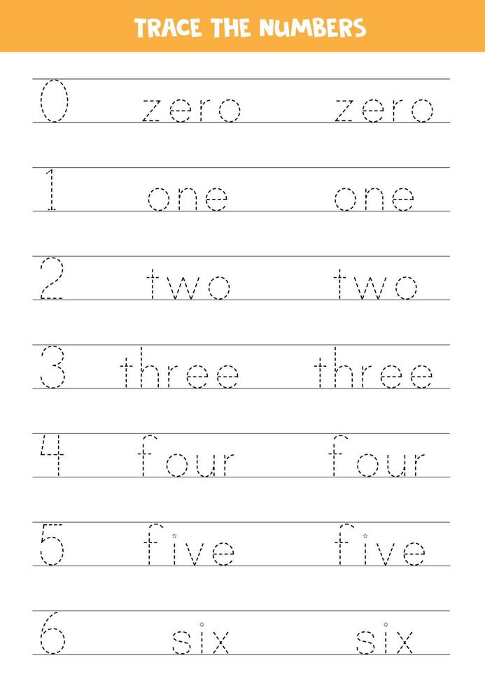 Tracing numbers in words. Worksheet for children. vector