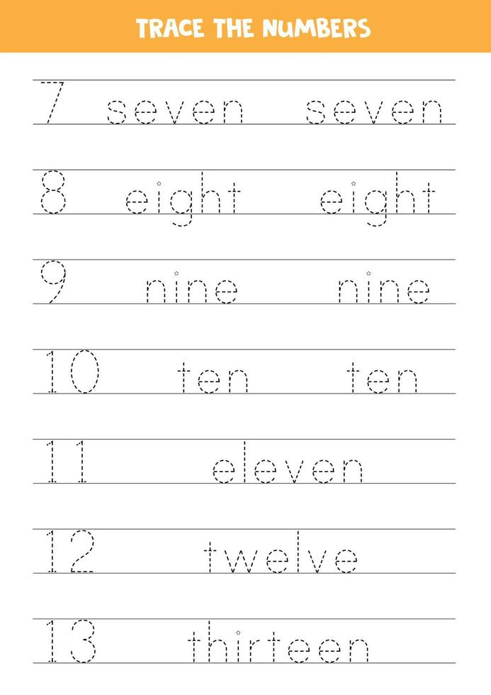 Tracing numbers in words. Worksheet for children. vector