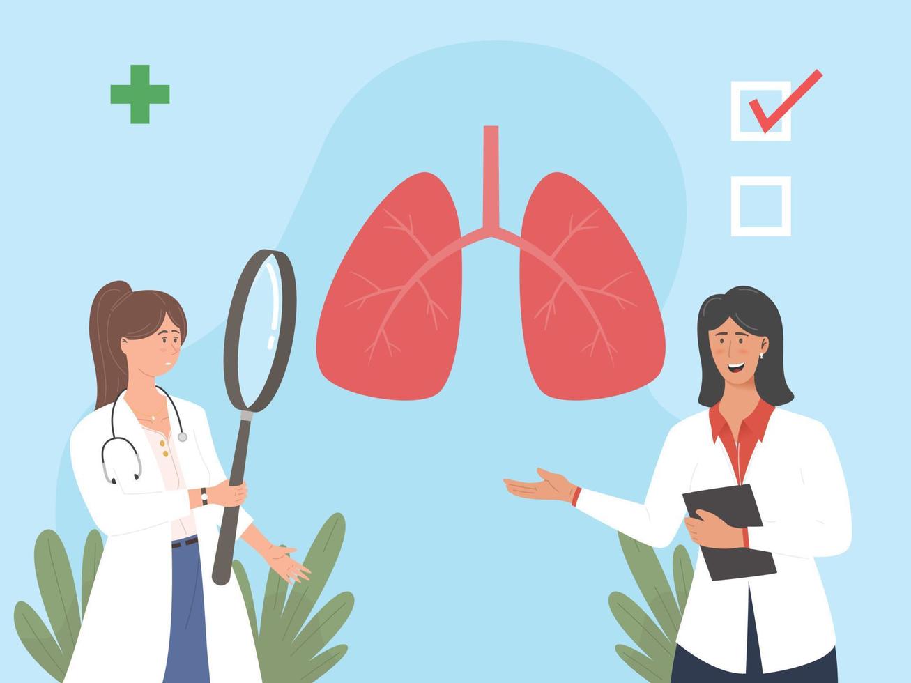 ilustración de atención médica de diagnóstico pulmonar. enfermedad, neumología, cáncer, neumonía, tuberculosis. vector