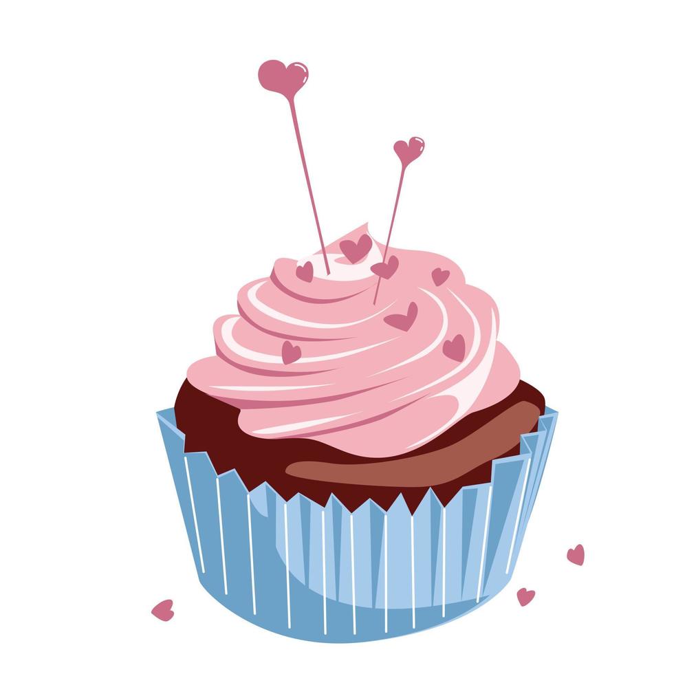 cupcake con crema rosa y corazones para el día de san valentín vector