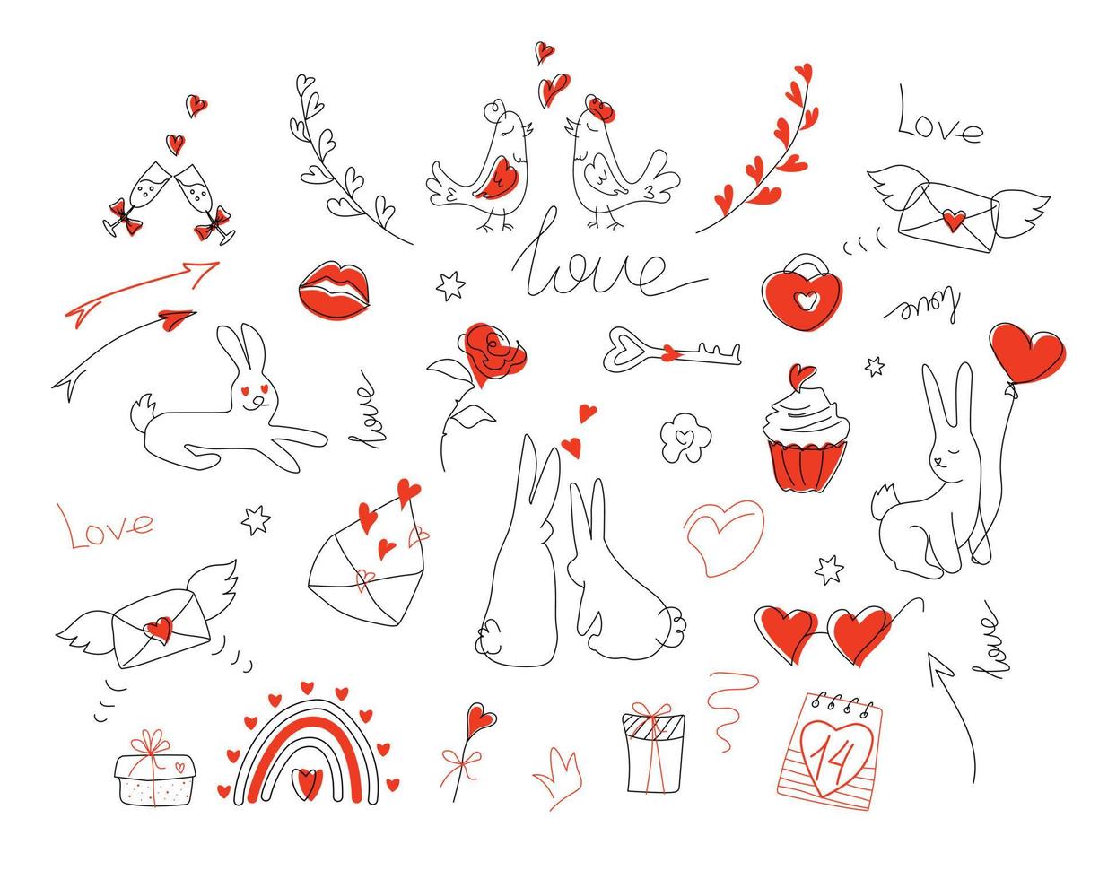 A large vector set of love symbols in doodle style