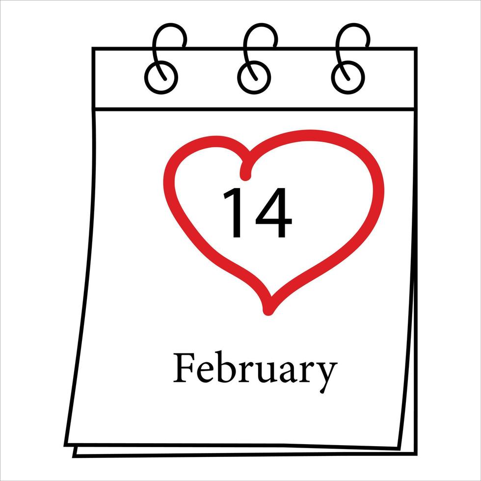 Sheet of tear-off calendar with the date 14 February with hand-drawn outline in the shape of a heart. Stiker. vector