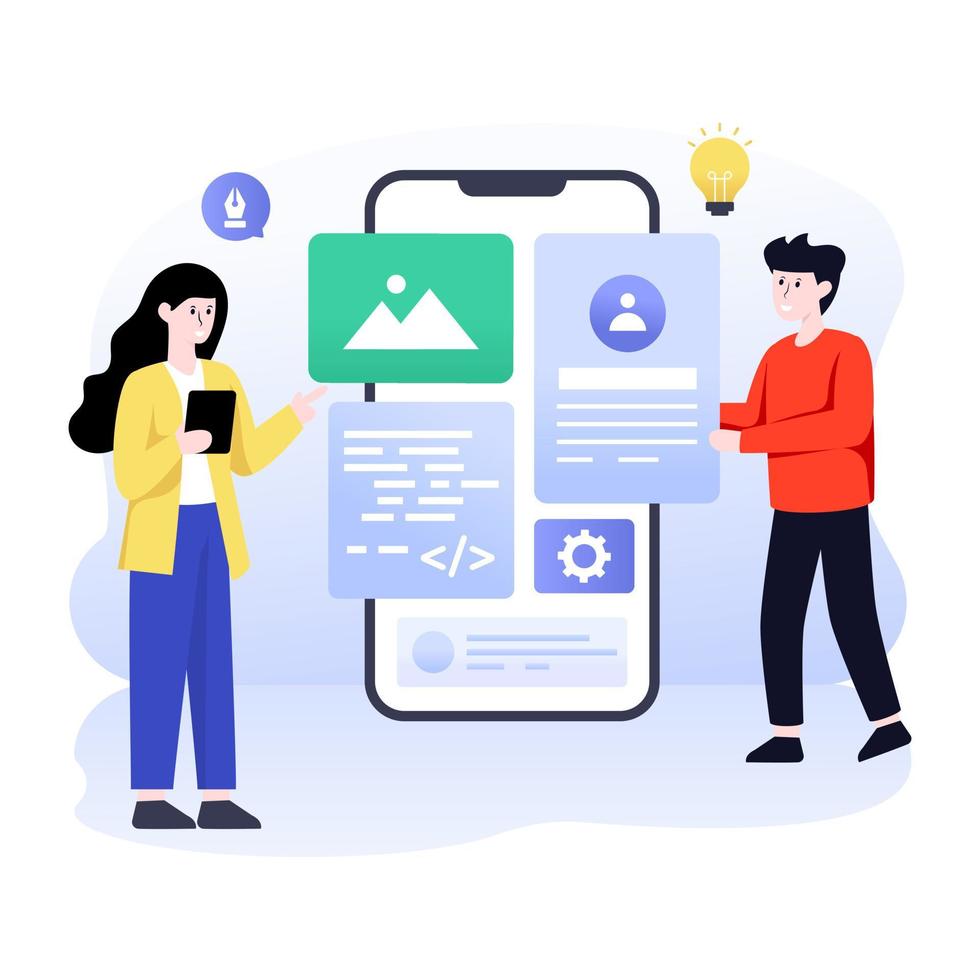 Website Designs flat illustration, male and female character with website vector