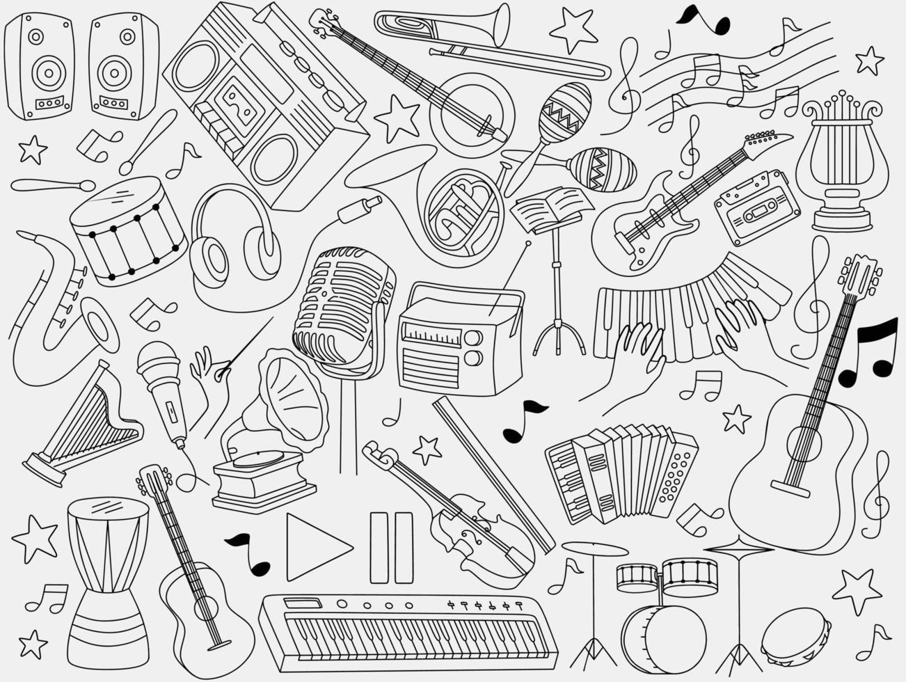 conjunto de instrumentos musicales en estilo garabato vector