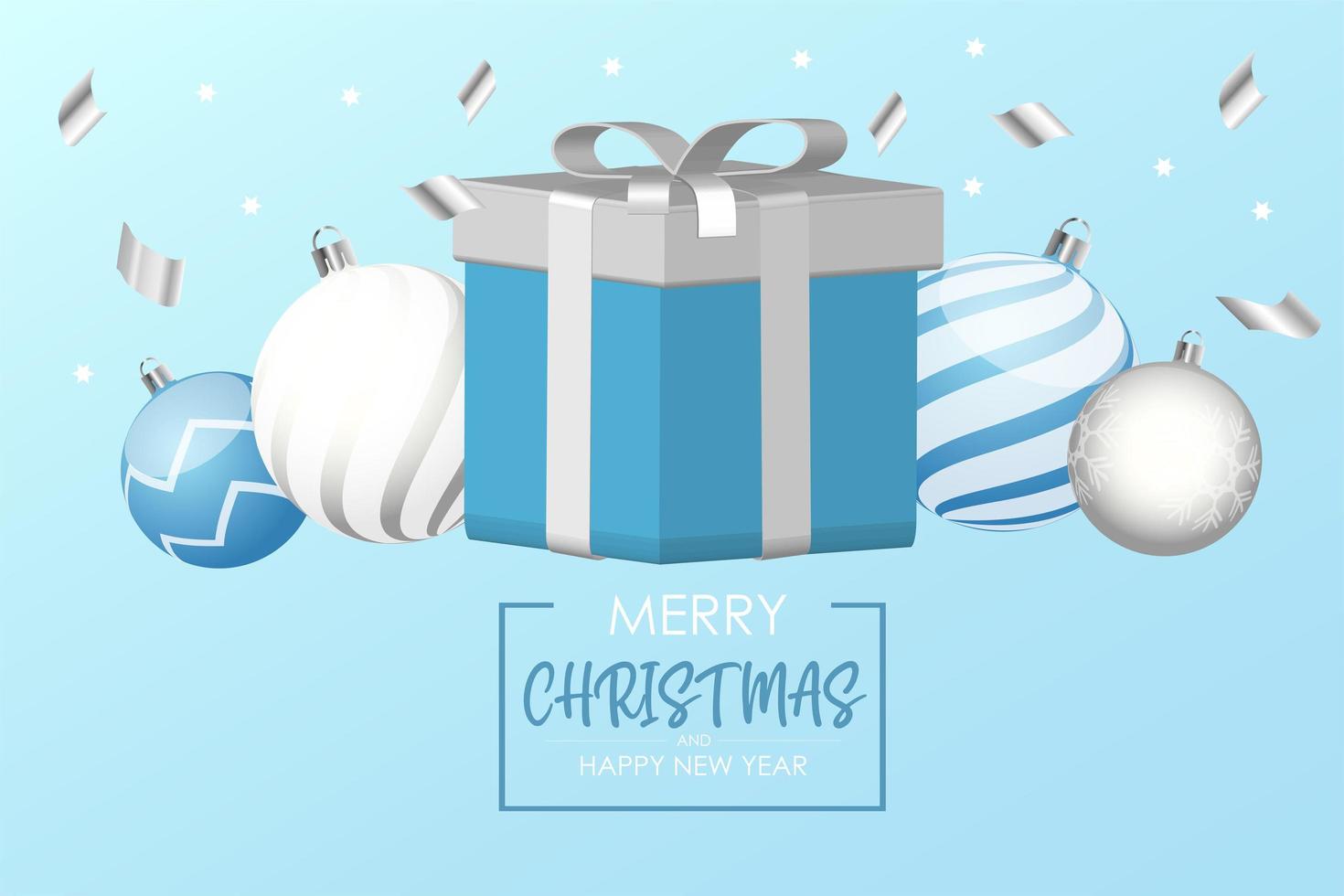 Gift box with white and blue christmas balls. Vector New year banner