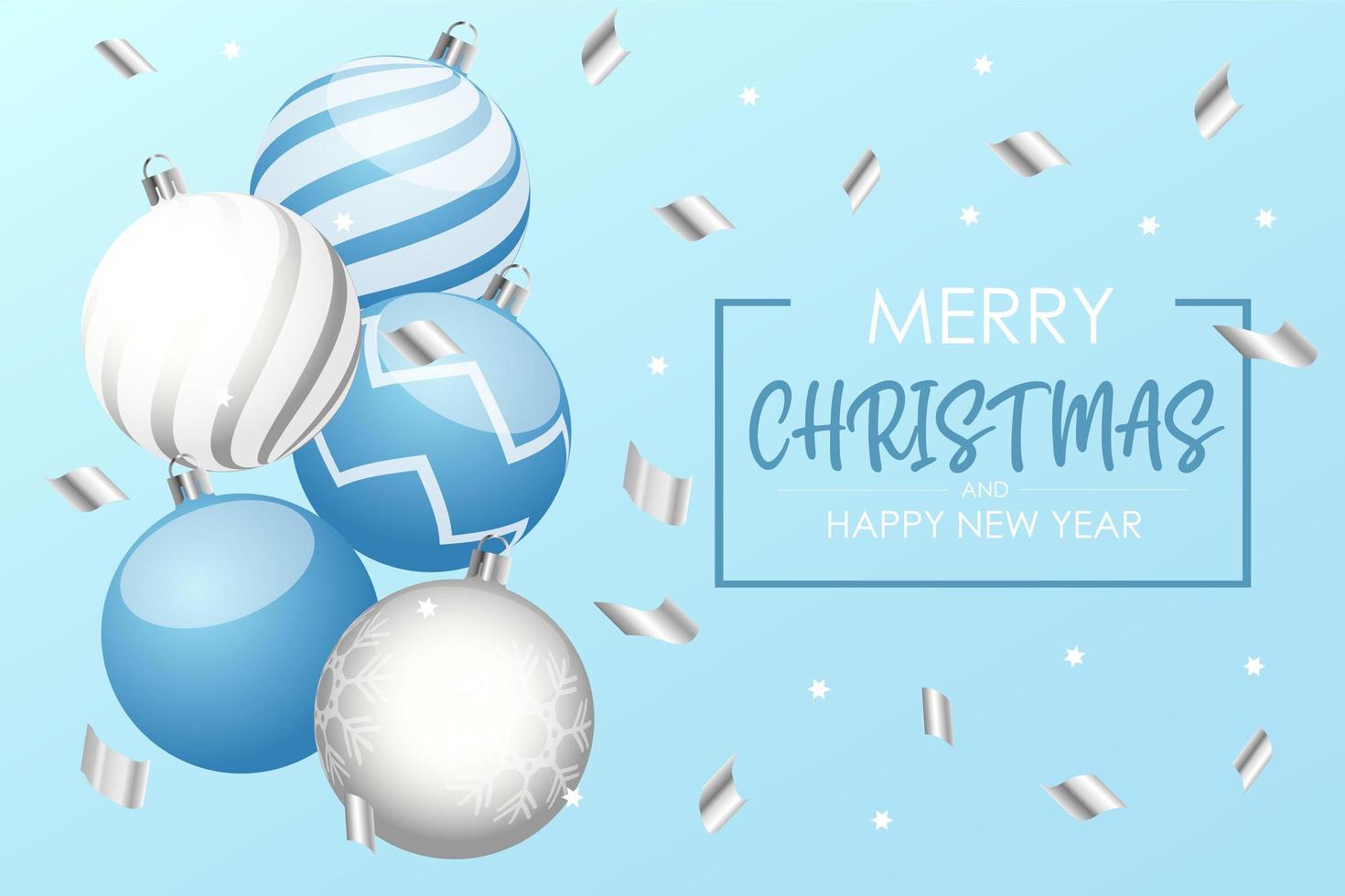 Christmas background with blue ans white balls. Vector Illustration.