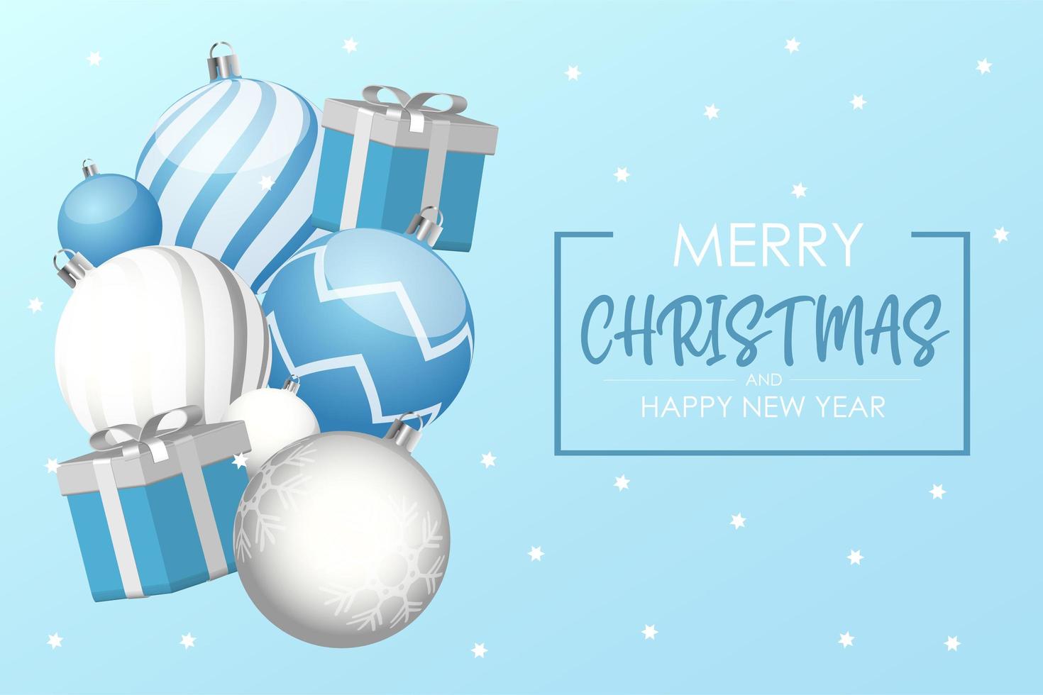 caja de regalo con bolas de navidad blancas y azules. banner de año nuevo de vector