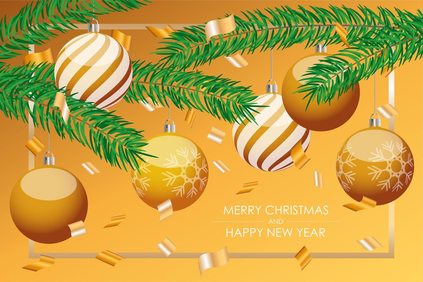 Merry Christmas and Happy New Year card with golden balls on a tree branch. vector