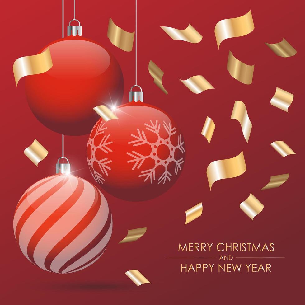tarjeta de navidad roja con bolas de navidad. diseño de pancartas vector